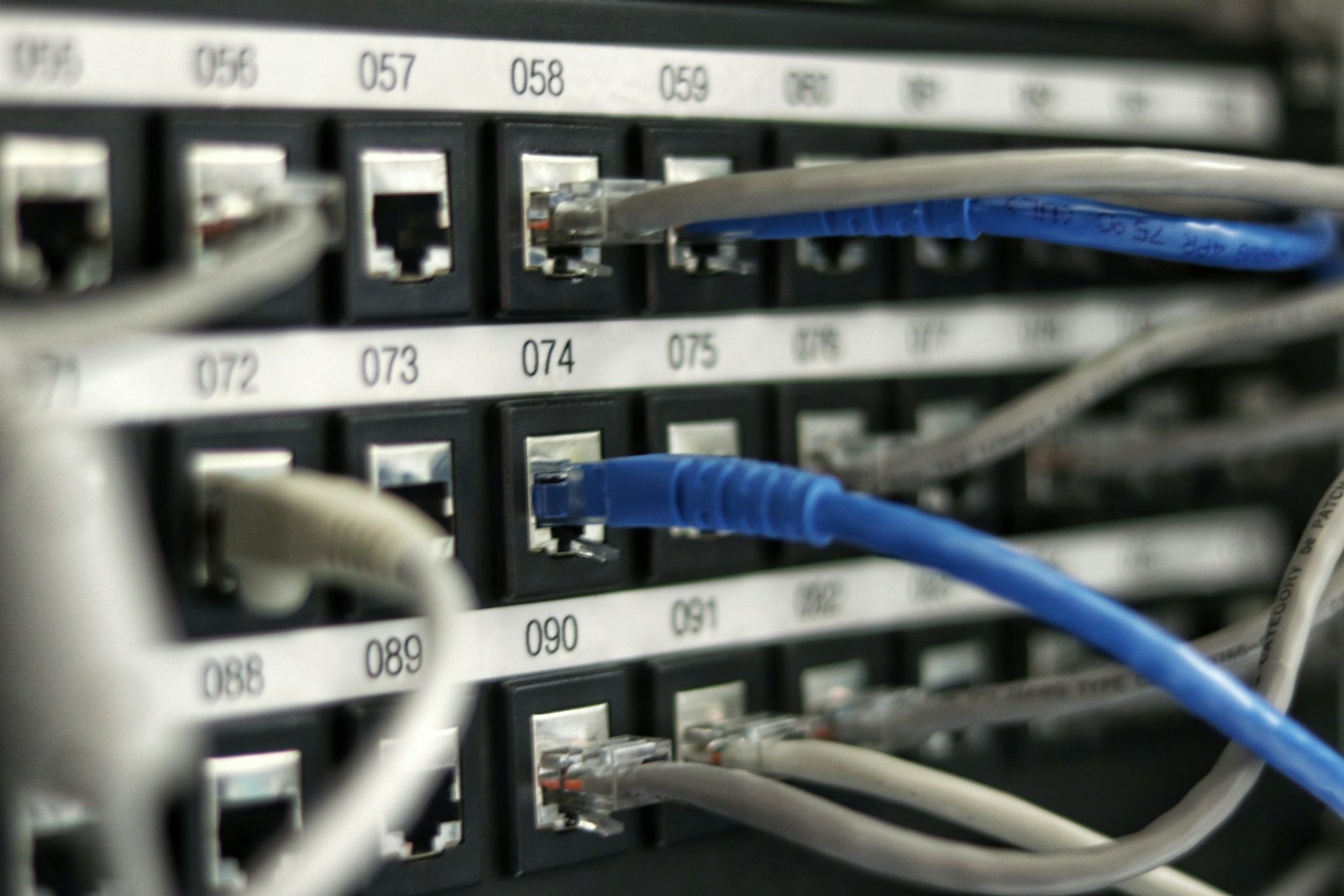 Cablejat de xarxa connectat a un panell de comunicacions